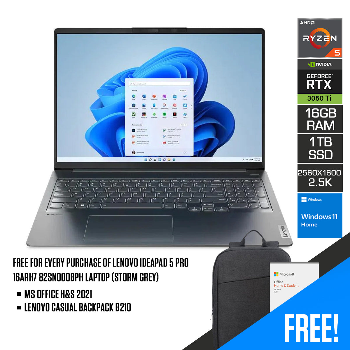 Lenovo Ideapad 5 Pro 16ARH7 82SN000BPH Laptop (Storm Grey) | 16" 2.6k | Ryzen 5 6600HS | 16GB RAM DDR5 |1 TB SSD | RTX 3050 Ti | Windows 11 Home | MS Office Home & Student 2021 + Lenovo Casual Backpack B210