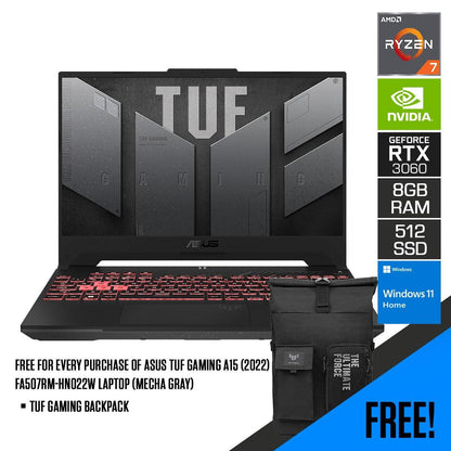 ASUS TUF Gaming A15 (2022) FA507RM-HN022W Laptop (Mecha Gray) | 15.6" FHD | Ryzen™ 7 6800H | 8GB DDR5 | 512GB SSD | Windows 11 Home | TUF Gaming Backpack