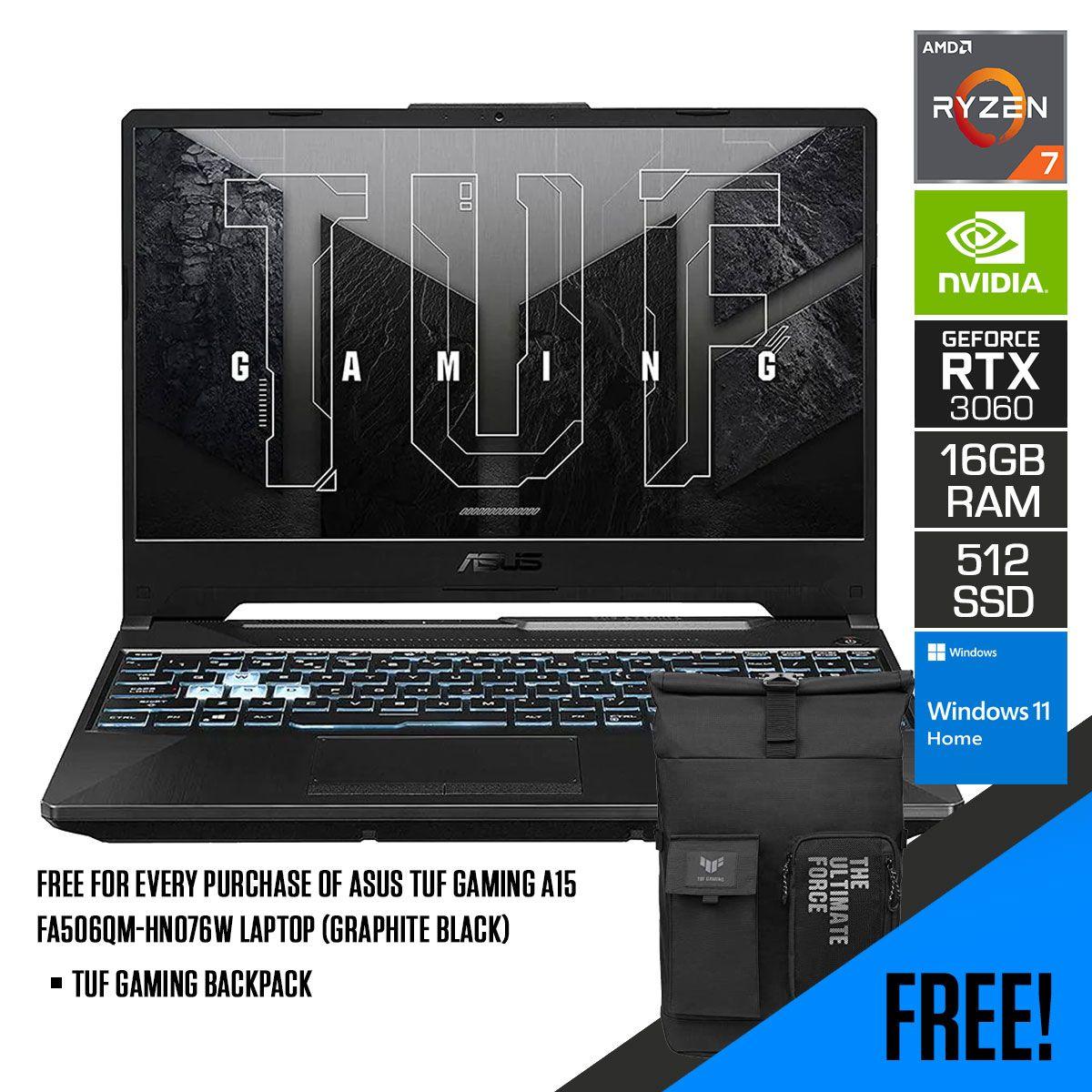 ASUS TUF Gaming A15 FA506QM-HN076W  Laptop (Graphite Black) | 15.6” FHD | AMD Ryzen™ 7 5800H | 16GB DDR4 | 512GB SSD | RTX™ 3060 | Windows 11 Home | TUF Gaming Backpack