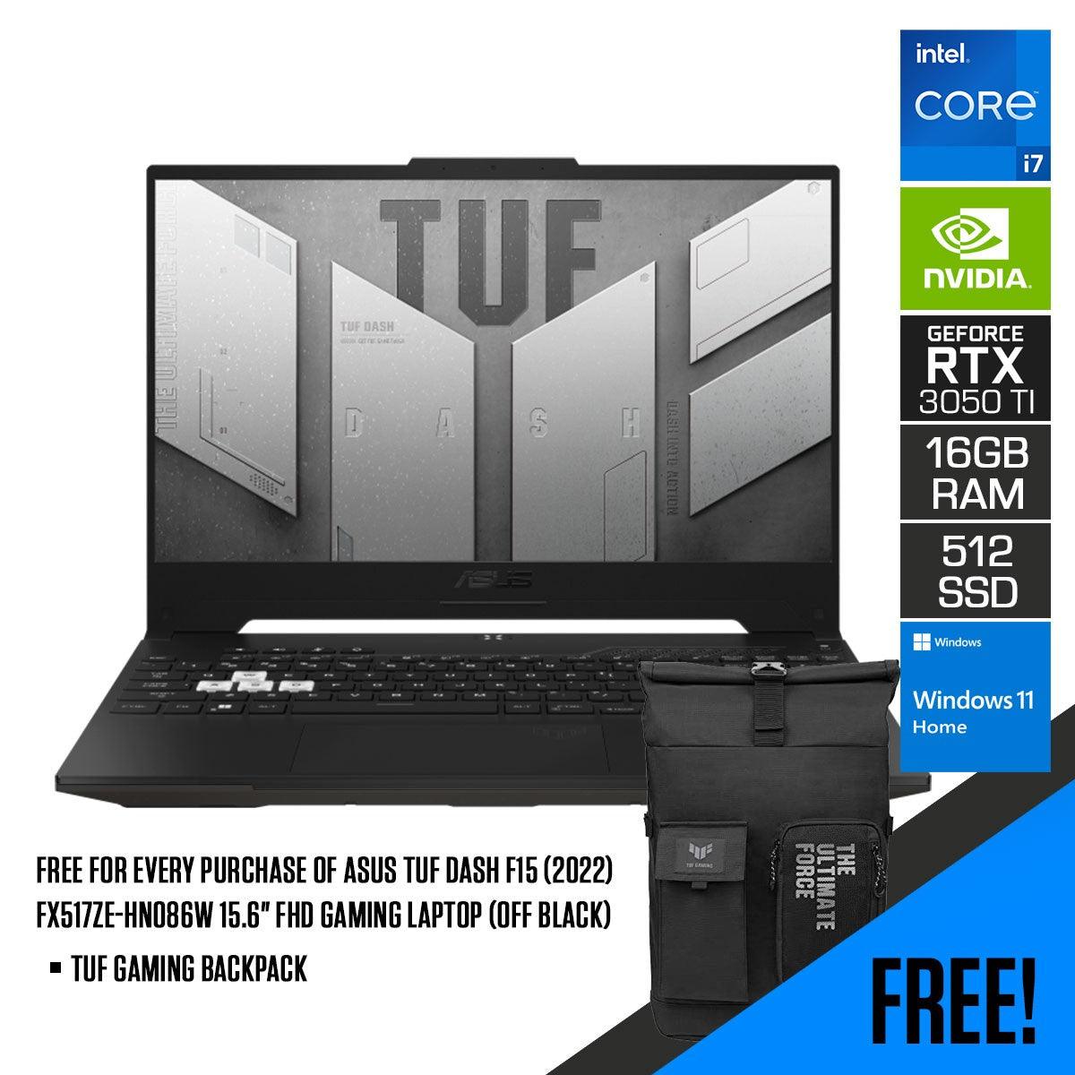 ASUS TUF Dash F15 (2022) FX517ZE-HN086W Gaming Laptop (Off Black) | 15.6" FHD | i7-12650H | 16GB DDR5 | 512 GB SSD | RTX™ 3050 Ti | Windows 11 Home |  TUF Gaming Backpack