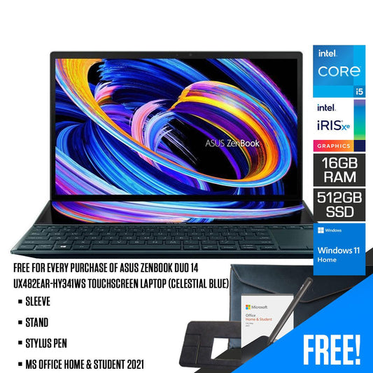 Asus Zenbook Duo 14 UX482EAR-HY341WS Touchscreen Laptop (Celestial Blue) | 14" FHD |  i5-1155G7 | 16GB LPDDR4X | 512GB SSD | Iris Xᵉ Graphics | Windows 11 Home | MS Office H&S 2021 | Sleeve | Stand | Stylus Pen