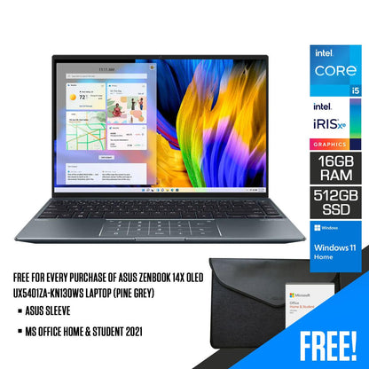 Asus Zenbook 14X OLED UX5401ZA-KN130WS Laptop (Pine Grey) | 14" 2.8K |  i5-12500H | 16GB RAM | 512GB SSD | Intel Iris Xᵉ Graphics | Windows 11 Home | MS Office Home & Student 2021 | Asus Sleeve