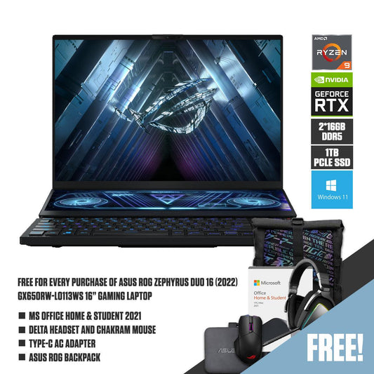 ASUS ROG Zephyrus Duo 16 (2022) GX650RW-LO113WS Gaming Laptop | 16" QHD+ | Ryzen 9 6900HX | 32GB RAM DDR5 | 1TB M.2 SSD | RTX 3070 Ti | Windows 11 Home | ROG Backpack | Delta Headset | Chakram Mouse | Type-C AC Adapter