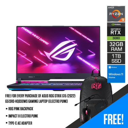 Asus ROG Strix G15 (2022) G513RS-HQ030WS Gaming Laptop (Electro Punk) | 15.6” WQHD | Ryzen 9 6900HX | 32GB RAM | 1TB M.2 SSD | RTX 3080 | Windows 11 Home | ROG Pink Backpack | Impact II Electro Punk | Type-C AC Adapter