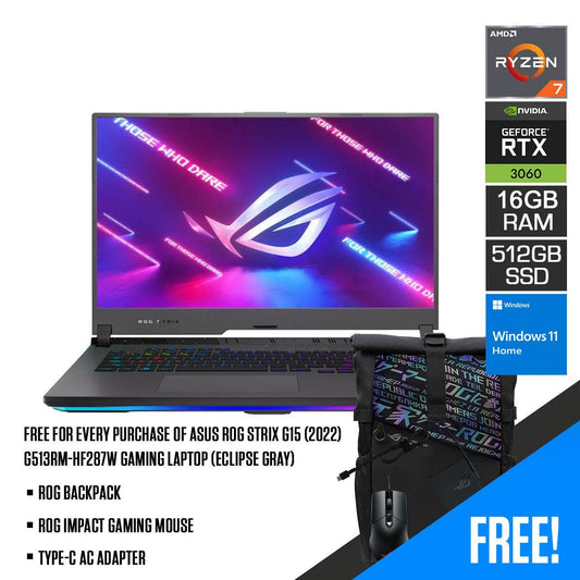 ASUS ROG Strix G15 (2022) G513RM-HF287W Gaming Laptop (Eclipse Gray) | 15.6" FHD | Ryzen™ 7 6800H | 16GB DDR5 | 512 GB SSD | RTX™ 3060 | Windows 11 Home | ROG Backpack | ROG Impact Gaming Mouse | Type-C AC Adapter