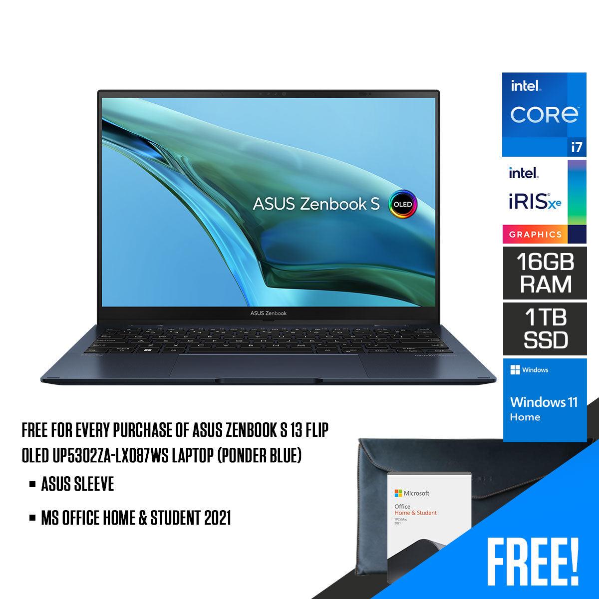 Asus Zenbook S 13 Flip Oled UP5302ZA-LX087WS Laptop (Ponder Blue) | 13.3" WQXGA | i7-1260P  | 16GB LPDDR5 | 1TB SSD | Intel® Iris Xe Graphics | Windows 11 Home | MS Office H&S 2021 | Asus Sleeve