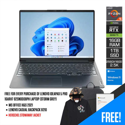 Lenovo Ideapad 5 Pro 16ARH7 82SN000BPH  Laptop (Storm Grey) | 16" 2.6k | Ryzen 5 6600HS | 16GB RAM DDR5 |1 TB SSD | RTX 3050 Ti | Windows 11 Home |  MS Office Home & Student 2021 + Lenovo Casual Backpack B210