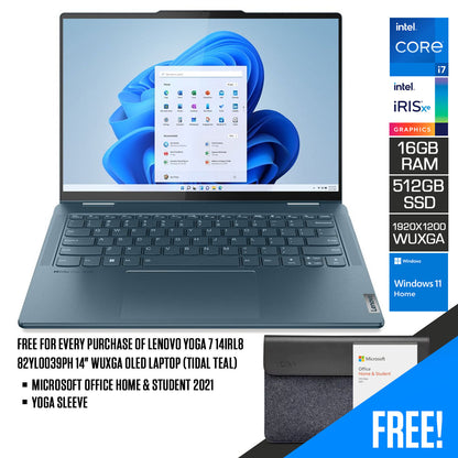 Lenovo Yoga 7 14IRL8 82YL0039PH 14" WUXGA OLED Laptop (Tidal Teal) | 14” (1920x1200) | i7 1360P | 16GB RAM | 512GB SSD | Intel Iris Xe Graphics | Windows 11 Home | MS Office Home & Student 2021 | Yoga Sleeve