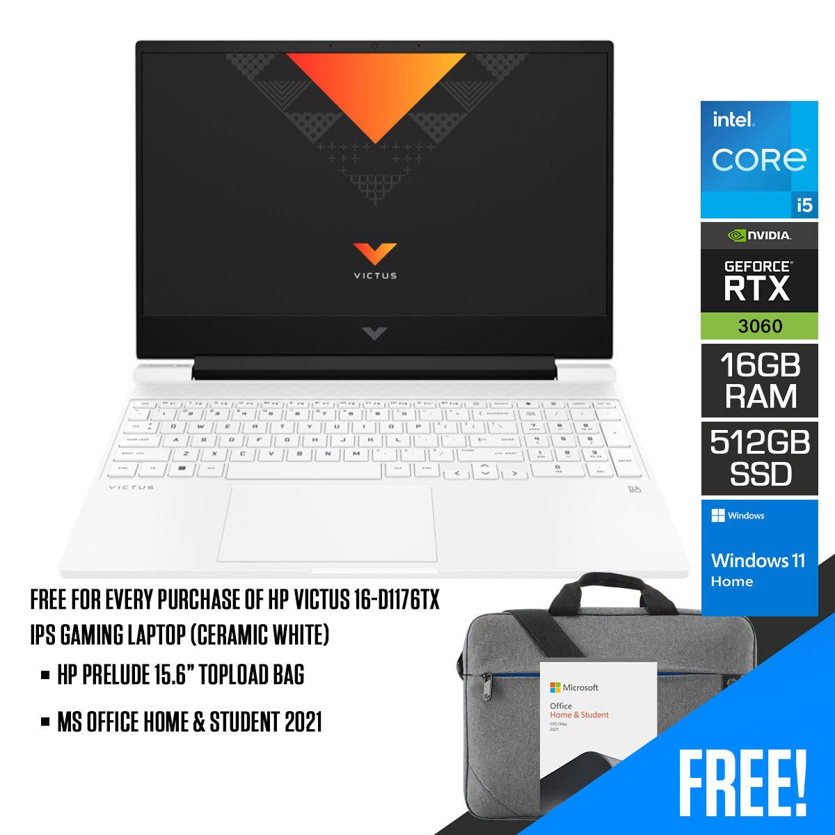 HP Victus 16-D1176TX IPS Gaming Laptop (Ceramic White) | 16.1" FHD | i5-12500H | 16 GB DDR5 | 512 GB SSD | RTX™ 3060 | Windows 11 | MS Office Home & Student 2021 | HP Prelude 15.6”  Topload Bag