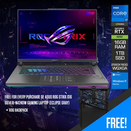 Asus ROG Strix G16 G614JU-N4240W Gaming Laptop (Eclipse Gray) | 16" QHD+ 240Hz WQXGA (2560x1600) | i7-13650HX | 16GB RAM | 1TB SSD | RTX™ 4050 | Windows 11 Home | ROG Backpack