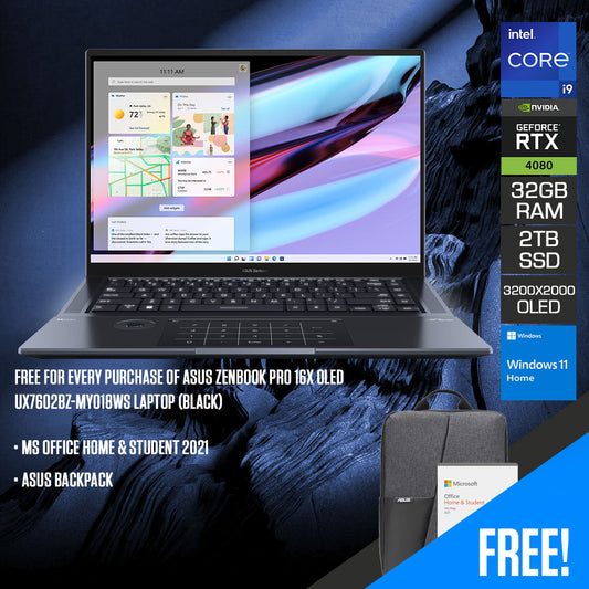 Asus Zenbook Pro 16X OLED UX7602BZ-MY018WS Laptop (Black) | 16" 3.2K OLED (3200x2000) Touchscreen | i9-13905H | 32GB RAM | RTX 4080 | 2TB SSD | Windows 11 Home | MS Office Home & Student 2021 | Asus Backpack