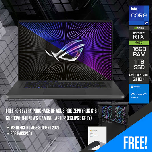 Asus ROG Zephyrus G16 GU603VI-N4076WS Gaming Laptop (Eclipse Grey) | 16" QHD+ (2560x1600) 240Hz | i9-13900H | 16GB RAM  | 1TB SSD | RTX 4070 | Windows 11 Home | MS Office Home & Student 2021 | ROG Backpack