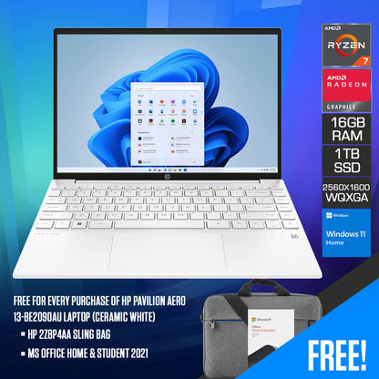 HP Pavilion Aero 13-BE2090AU Laptop (Ceramic White) | 13.3" WQXGA (2560X1600) | RYZEN 7 7735U | 16GB RAM | 1TB SSD | AMD Radeon Graphics | Windows 11 Home | MS Office Home & Student 2021 | HP 2Z8P4AA Sling Bag