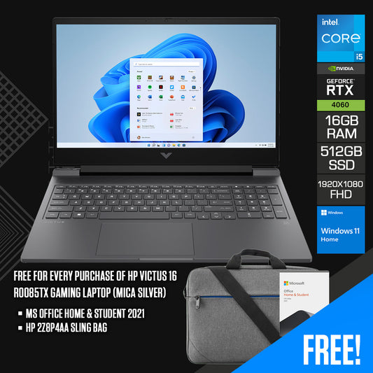 HP Victus 16-R0085TX Gaming Laptop (Mica Silver) | 16.1” FHD (1920x1080) 144Hz | i5-13500HX | 16GB RAM | 512 GB SSD | RTX™ 4060 | Windows 11 Home |  MS Office Home & Student 2021 | HP 2Z8P4AA Sling Bag
