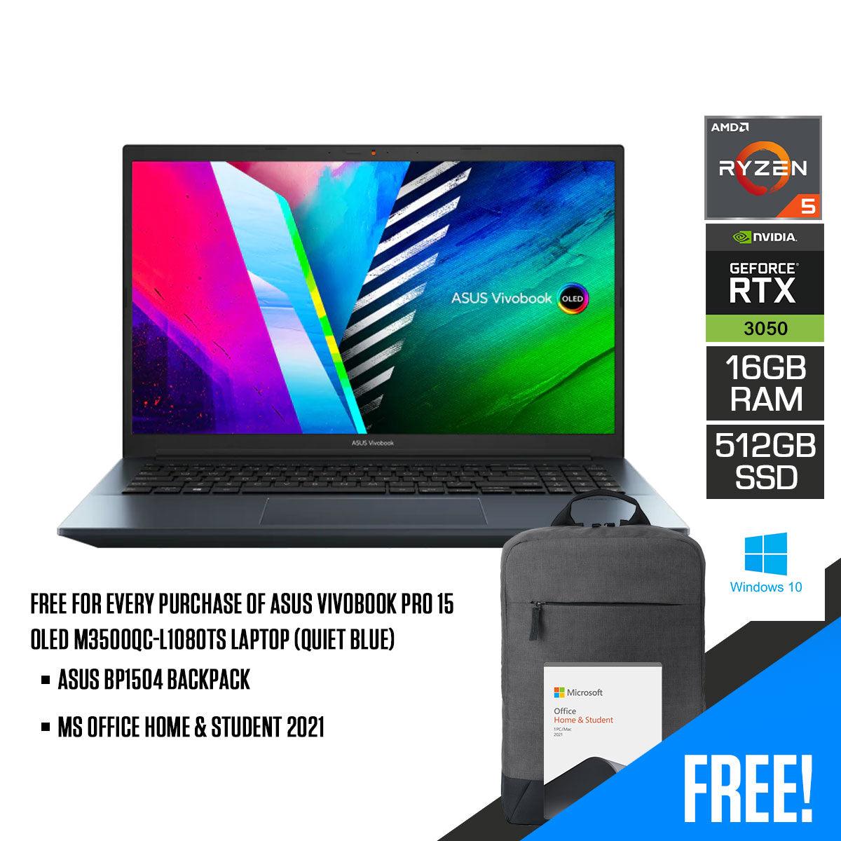 ASUS Vivobook Pro 15 OLED M3500QC-L1080TS Laptop (Quiet Blue) | 15.6" FHD | 16GB DDR4 | 512GB SSD | RTX™ 3050 | Windows 10 Home |  MS Office Home & Student 2021 | ASUS BP1504 Casual Backpack
