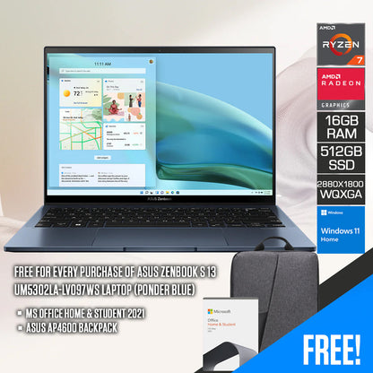 Asus Zenbook S 13 UM5302LA-LV097WS Laptop (Ponder Blue) | 13.3” OLED WQXGA+ | Ryzen 7 7840U | 16GB RAM | 512GB SSD | AMD Radeon Graphics | Windows 11 Home | MS Office Home & Student 2021 | Asus AP4600 Backpack