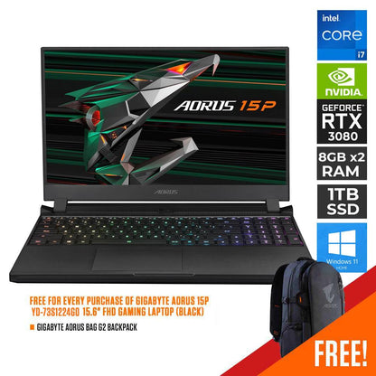 GIGABYTE AORUS 15P YD-73S1224G0 GAMING LAPTOP (BLACK) | 15.6" IPS | i7-11800H | 16GB DDR4 | 1TB SSD | RTX 3080 | WIN11 + GIGABYTE AORUS G2 BACKPACK (BLACK)