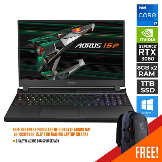 GIGABYTE AORUS 15P YD-73S1224G0 GAMING LAPTOP (BLACK) | 15.6" IPS | i7-11800H | 16GB DDR4 | 1TB SSD | RTX 3080 | WIN11 + GIGABYTE AORUS G2 BACKPACK (BLACK)