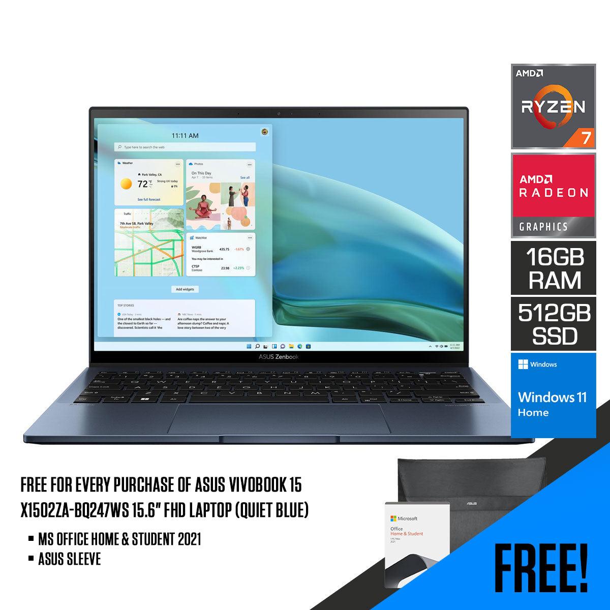 Asus Zenbook S 13 OLED UM5302TA-LV396WS Laptop (Ponder Blue) | 13.3” FHD | Ryzen 7 6800U | 16GB RAM | 512GB M.2 SSD | AMD Radeon™ Graphics | Windows 11 Home | MS Office Home & Student 2021 | Asus Sleeve