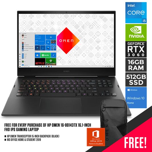 HP OMEN 16-B0143TX 16.1" FHD IPS GAMING LAPTOP |16.1" FHD | i5-11400H | 16GB DDR4 | 512GB SSD | RTX 3060 | WIN10 + HP OMEN TRANSCEPTOR BACKPACK (BLACK)