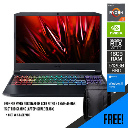 ACER NITRO 5 AN515-45-R5RJ GAMING LAPTOP (SHALE BLACK) | 15.6” FHD | RYZEN 9 5900HX | 16GB DDR4 | 512GB SSD | RTX 3070 | WIN11 + ACER VX15 BACKPACK