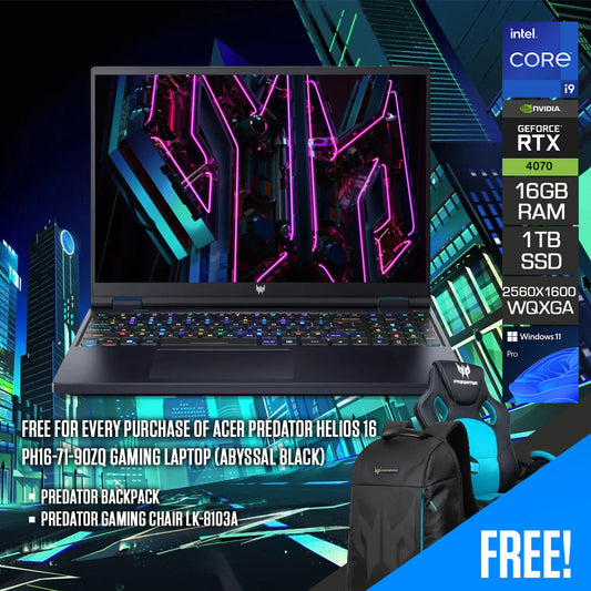 Acer Predator Helios 16 PH16-71-90ZQ Gaming Laptop (Abyssal Black) | 16” WQXGA (2560 x 1600) 240Hz | i9 13900HX | 16GB RAM | 1TB SSD | RTX 4070 | Windows 11 Pro | Predator Backpack | Predator Gaming Chair LK-8103A