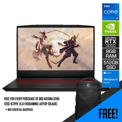 MSI Katana GF66 12UC-672PH Gaming Laptop (Black) | 15.6 FHD | i7-12650H | 8GB DDR4 | 512GB SSD | RTX 3050 | Windows 11 Home | MSI Essential Backpack