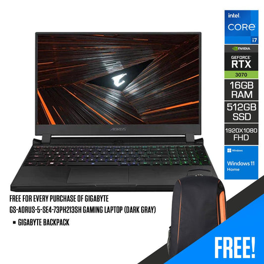 Gigabyte GS-AORUS-5-SE4-73PH213SH Gaming Laptop (Dark Gray) | 15.6" FHD | i7-12700H | 16GB DDR4 | 512GB SSD | RTX3070 | Windows 11 home + Gigabyte backpack