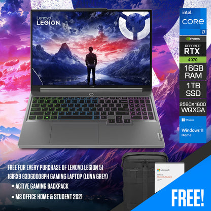 Lenovo Legion 5i 16IRX9 83DG0008PH Gaming Laptop (Luna Grey) | 16" WQXGA (2560x1600) 240Hz  | i7-14650HX | 16GB RAM | 1TB SSD | RTX 4070 | 1080P Camera | Windows 11 Home | MS Office Home & Student 2021 | Active Gaming Backpack