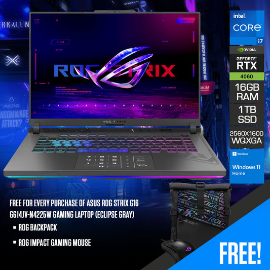 Asus ROG Strix G16 G614JV-N4225W Gaming Laptop (Eclipse Gray) | 16" WQXGA 240Hz (2560x1600) | i7-13650HX | 16GB RAM | 1TB SSD | RTX™ 4060 | Windows 11 Home | ROG Backpack | ROG Impact Gaming Mouse