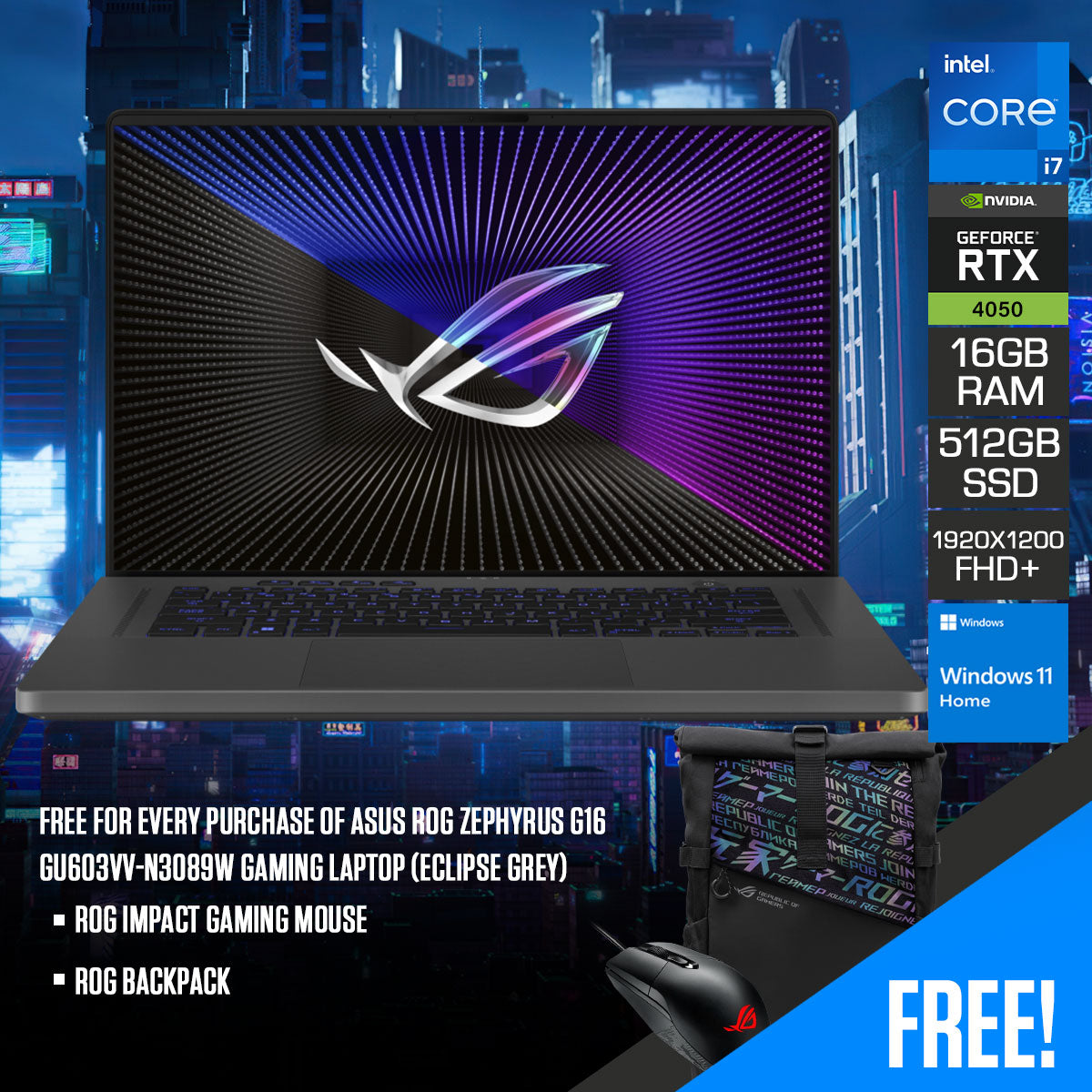 Asus ROG Zephyrus G16 GU603VV-N3089W Gaming Laptop (Eclipse Grey) | 16" FHD+ (1920X1200) 165HZ | I7-13620H | 16GB RAM  | 512GB SSD | RTX 4060 | Windows 11 Home  | ROG Backpack | ROG Impact Gaming Mouse