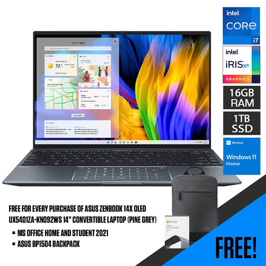 ASUS Zenbook 14X Oled UX5401ZA-KN092WS  Convertible Laptop (Pine Grey) | 14" 2.8k Oled |  i7-12700H | 16GB LPDDR5 | 1TB SSD | Iris Xᵉ Graphics | Windows 11 Home | MS Office Home & Student 2021 | ASUS BP1504 Casual Backpack