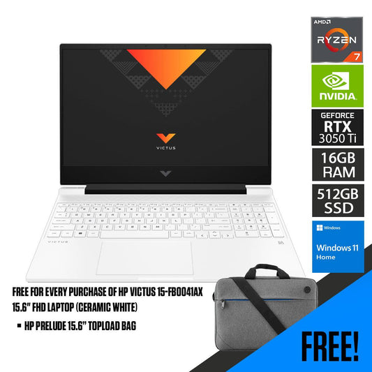 HP Victus 15-FB0041AX Laptop (Ceramic White) | 15.6”  FHD | Ryzen™ 7 5800H | 16GB RAM DDR4 | 512 GB SSD | RTX™ 3050 Ti | Windows 11 | HP Prelude 15.6”  Topload Bag