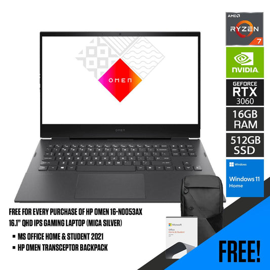 HP Omen 16-N0053AX Gaming Laptop (Mica Silver) | 16.1" QHD | Ryzen 7 6800H | 16 GB RAM | 512 GB SSD | RTX 3060 | Windows 11 Home | MS Office Home & Student 2021 | HP Omen Transceptor 15”  Backpack (Black)