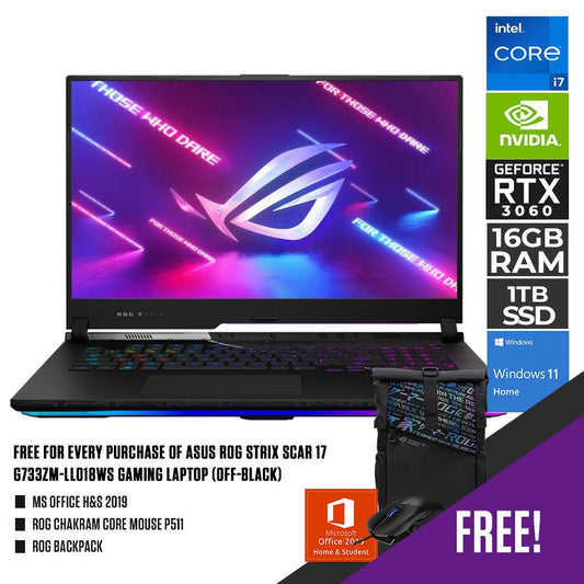 ASUS ROG Strix Scar 17 G733ZM-LL018WS Gaming Laptop (off-black) | 17.3” WQHD | i7-12700H | 2x 8GB DDR5 | 1TB SSD | RTX™ 3060 | WIN11 + MS Office H&S 2019 + ROG Chakram Core Mouse P511 + ROG Backpack
