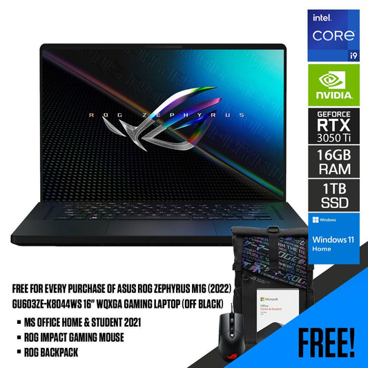 ASUS ROG Zephyrus M16 (2022) GU603ZE-K8044WS Gaming Laptop (Off Black) | 16”  WQXGA | i9-12900H | 16GB DDR5 | 1TB SSD | RTX™ 3050 Ti | Windows 11 Home | MS Office H&S 2021 | ROG Backpack | ROG Impact Gaming Mouse
