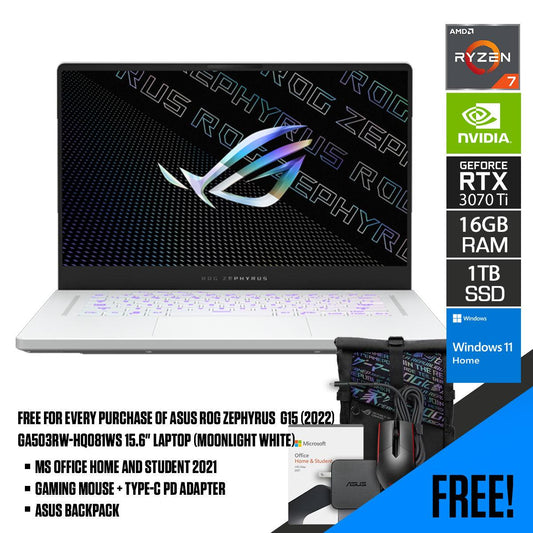 Asus ROG Zephyrus G15 (2022) GA503RW-HQ081WS Laptop (Moonlight White) | 15.6" WQHD | Ryzen™ 7 6800HS | 16GB DDR5 RAM | 1TB M.2 SSD | RTX 3070 Ti | Windows 11 Home | MS Office H&S 2021 | Gaming Mouse | Backpack | Type-C PD Adapter