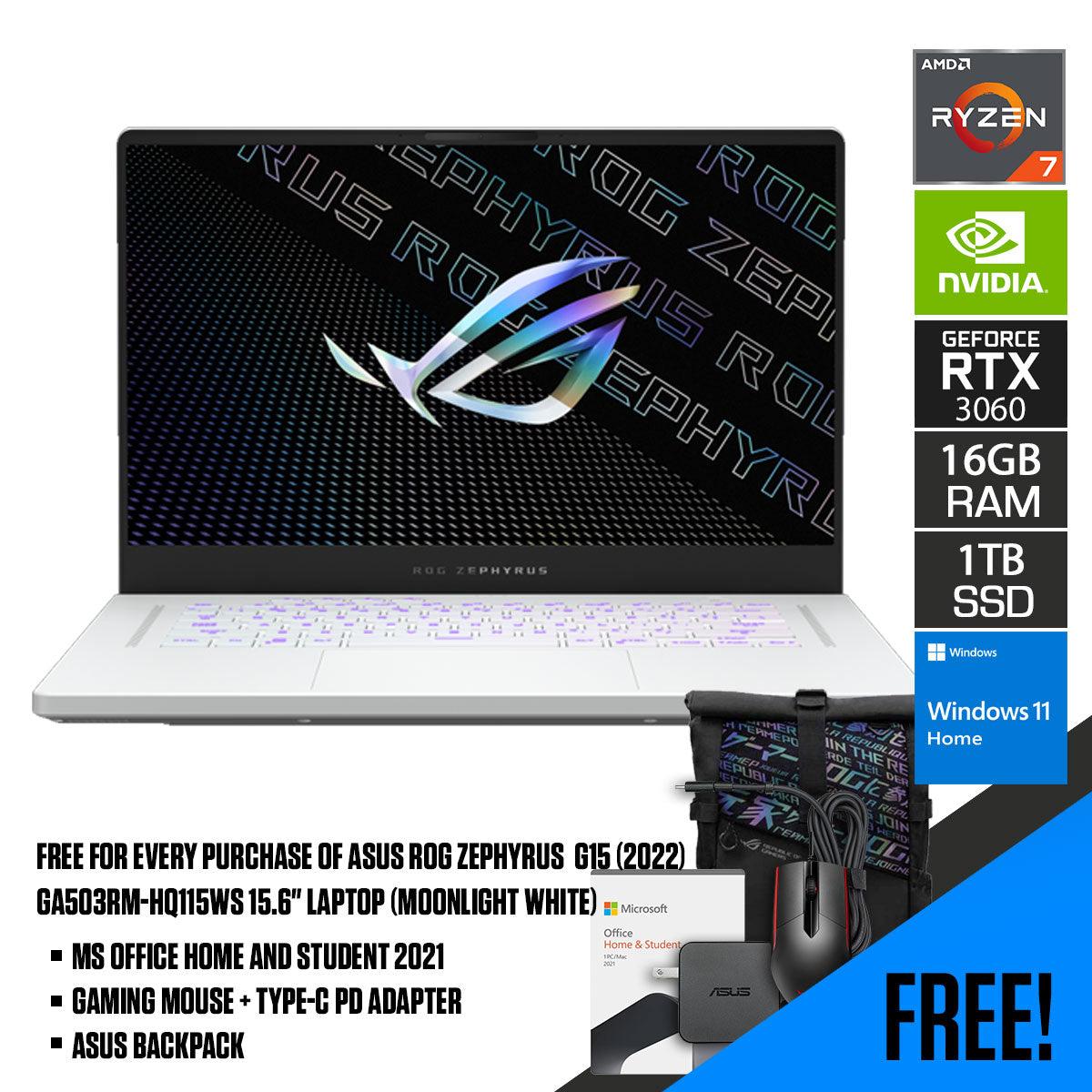 ASUS ROG Zephyrus G15 (2022) GA503RM-HQ115WS  Laptop (Moonlight White) | 15.6" WQHD  | Ryzen™ 7 6800HS | 16 GB DDR5 | 1 TB SSD | RTX™ 3060 | Windows 11 Home | MS Office H&S 2021 | Gaming Mouse | Backpack | Type-C PD Adapter