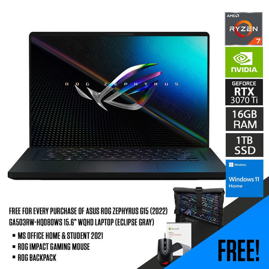 ASUS ROG Zephyrus G15 (2022) GA503RW-HQ080WS Laptop (Eclipse Gray) | 15.6” WQHD | Ryzen 7 6800HS | 16GB RAM DDR5 | 1TB M.2 SSD | RTX 3070 Ti | Windows 11 Home | Ms Office H&S 2021 | Gaming Mouse | Backpack | Type-C AC Adapter