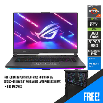 Asus ROG Strix G15 G513RC-HN185W 15.6”  FHD Gaming Laptop (Eclipse Gray) | 15.6", FHD (1920 x 1080) | Ryzen™ 7 6800H/HS | 8GB RAM | 512GB SSD | RTX™ 3050 | Windows 11 Home | ROG Backpack