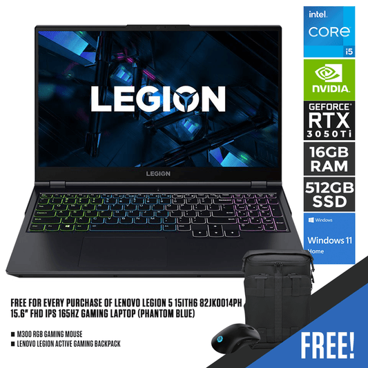 LENOVO LEGION 5 15ITH6 82JK0014PH 165HZ GAMING LAPTOP (PHANTOM BLUE) | 15.6" FHD | i5-11400H | 16GB DDR4 | 512GB SSD | RTX3050Ti | WIN11  + M300 RGB GAMING MOUSE + LENOVO LEGION ACTIVE GAMING BACKPACK