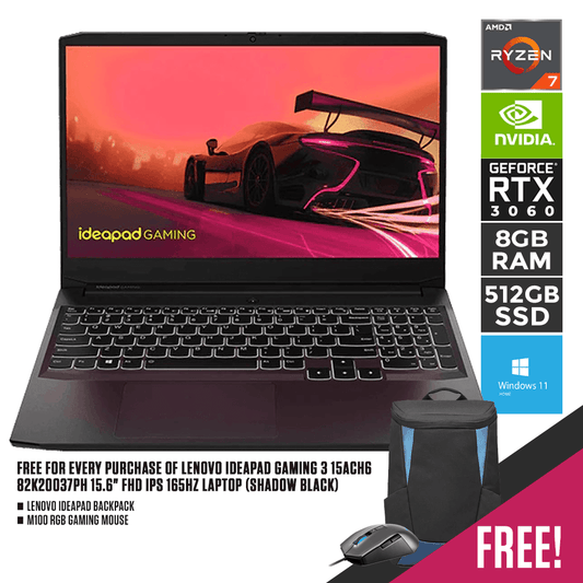 LENOVO IDEAPAD GAMING 3 15ACH6 82K20037PH 165HZ LAPTOP (SHADOW BLACK) | 15.6" FHD | RYZEN 7 5800H | 8GB DDR4 | 512GB SSD | RTX3060 | WIN11 + M100 RGB GAMING MOUSE + LENOVO IDEAPAD BACKPACK