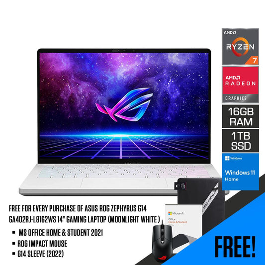 ASUS ROG Zephyrus G14 GA402RJ-L8162WS Gaming Laptop (Moonlight White Anime Matrix) | 14" QHD | Ryzen™ 7 6800HS | 16GB RAM | 1TB SSD | RX 6700S | Windows 11 Home | G14 Sleeve (2022) | ROG Impact Mouse