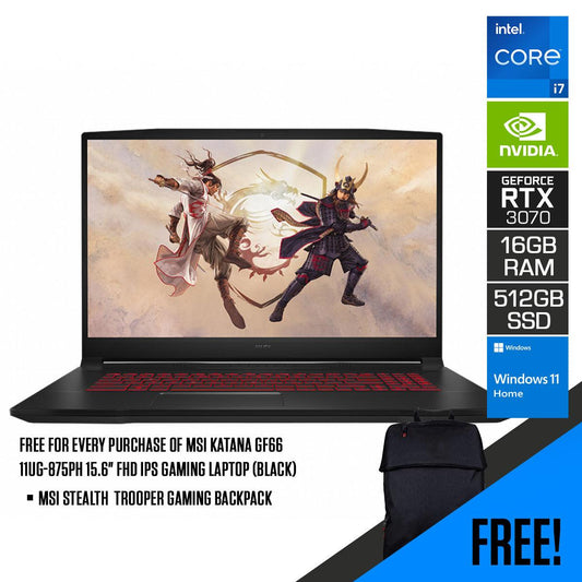 MSI Katana GF66 11UG-875PH 15.6”  FHD IPS Gaming Laptop (Black) | 15.6”  FHD | i7-11800H | 16 GB RAM | 512 GB SSD | RTX 3070 | Windows 11 Home |  MSI Gaming Backpack