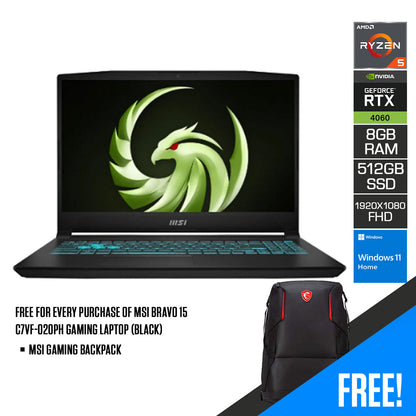 MSI Bravo 15 C7VF-020PH Gaming Laptop (Black) | 15.6" FHD (1920x1080) | Ryzen 5 7535HS | 8GB RAM | 512GB SSD | RTX 4060 | Windows 11 | MSI Gaming Backpack