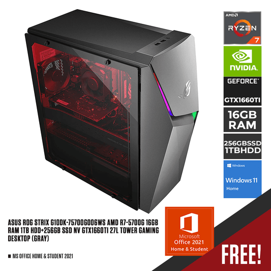 ASUS ROG STRIX G10DK-75700G006WS AMD R7-5700G 16GB RAM 1TB HDD + 256GB SSD NV GTX1660TI 27L TOWER GAMING DESKTOP (GRAY) + MS OFFICE HOME & STUDENT 2021