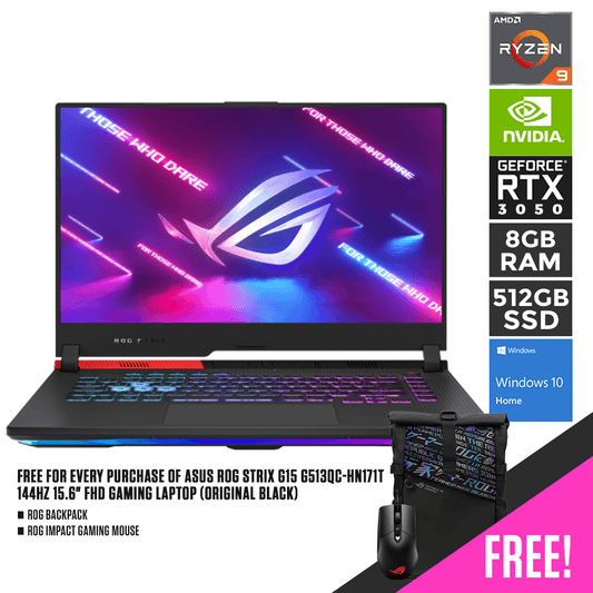 ASUS ROG STRIX G15 G513QC-HN171T 144HZ Gaming Laptop (Original Black) | 15.6" FHD | RYZEN 9 5900HX | 8GB DDR4 | 512GB SSD | RTX 3050 | WIN10 | ROG Backpack | ROG Impact Gaming Mouse